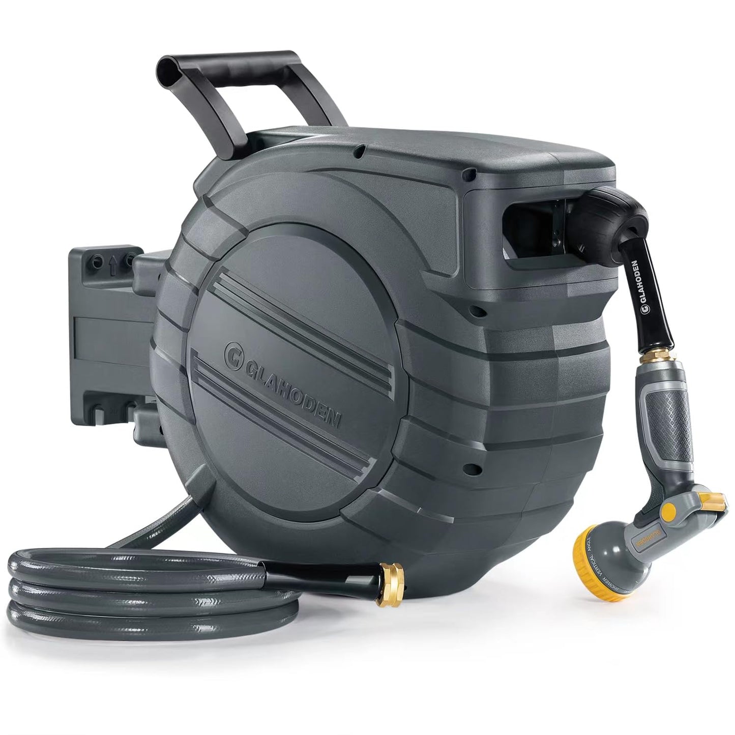 GLAHODEN Retractable Garden Hose Reel 1/2 in x 100 ft, 2025 Upgraded Dual Ratchet Lock UV & Freeze Protection Brass Seal Slow Retraction Anti-Tangle Hose 180°Swivel Reinforced Scaffold Wall Mount