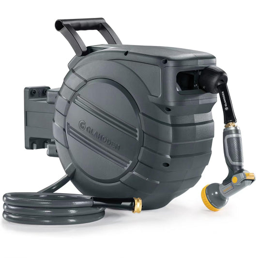 GLAHODEN Retractable Garden Hose Reel 1/2 in x 100 ft, 2025 Upgraded Dual Ratchet Lock UV & Freeze Protection Brass Seal Slow Retraction Anti-Tangle Hose 180°Swivel Reinforced Scaffold Wall Mount