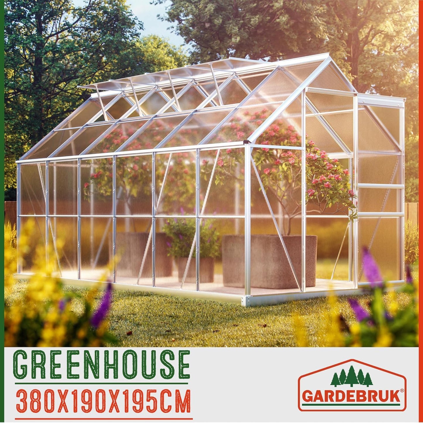 Gardebruk® 6 x 12ft 'Sunlight' Polycarbonate Greenhouse With Foundation | Large Walk Green House with Slide Door and 4 Windows | Garden Plants Grow Nursery with Aluminium Frame Galvanised Base