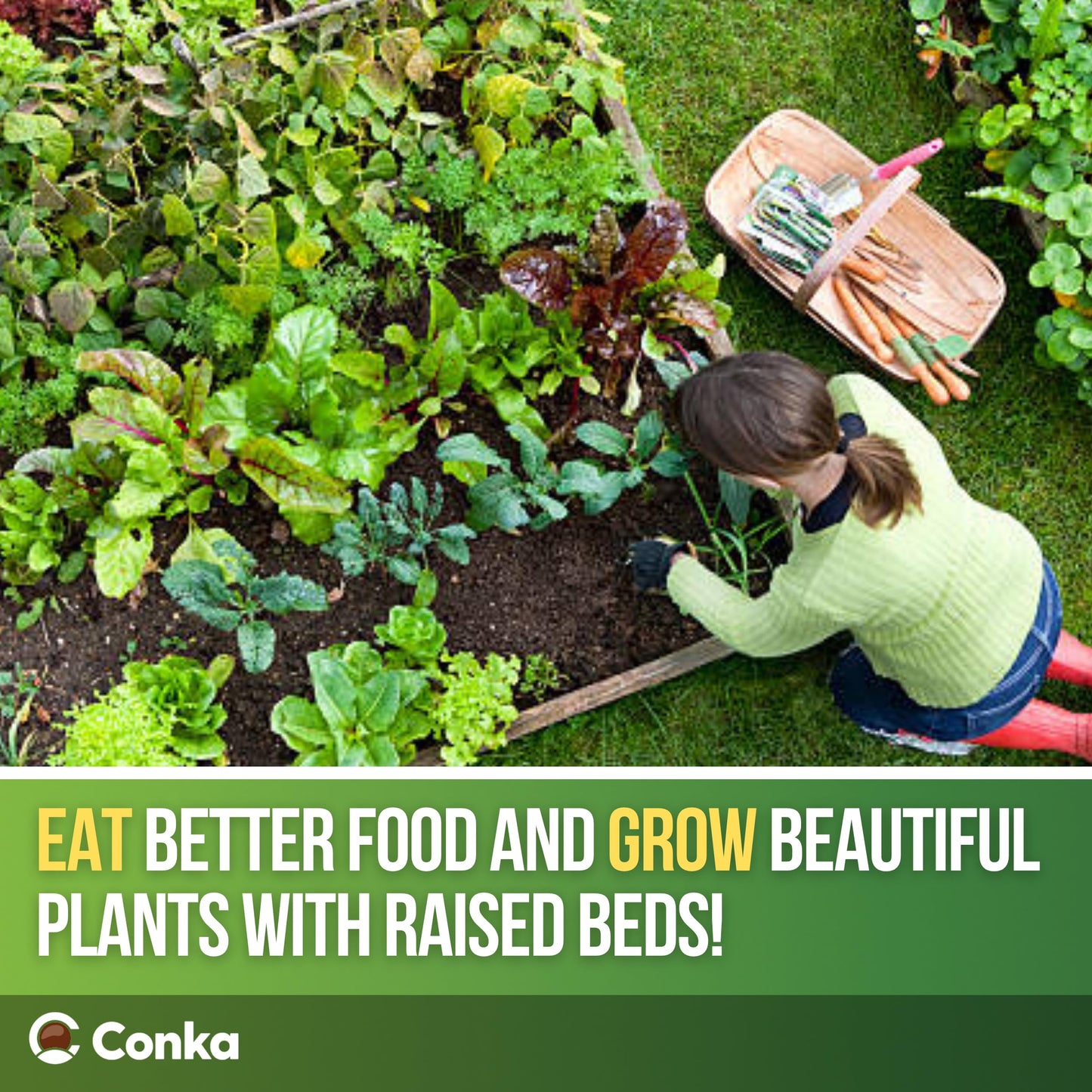 Conka Garden - Wooden Raised Bed Kit - Large Garden Planters for Vegetables, Herbs, Flowers – Start Growing Plants Earlier & Better - Durable & Resistant FSC Treated Timber 90cm L x 180cm W x 60cm H