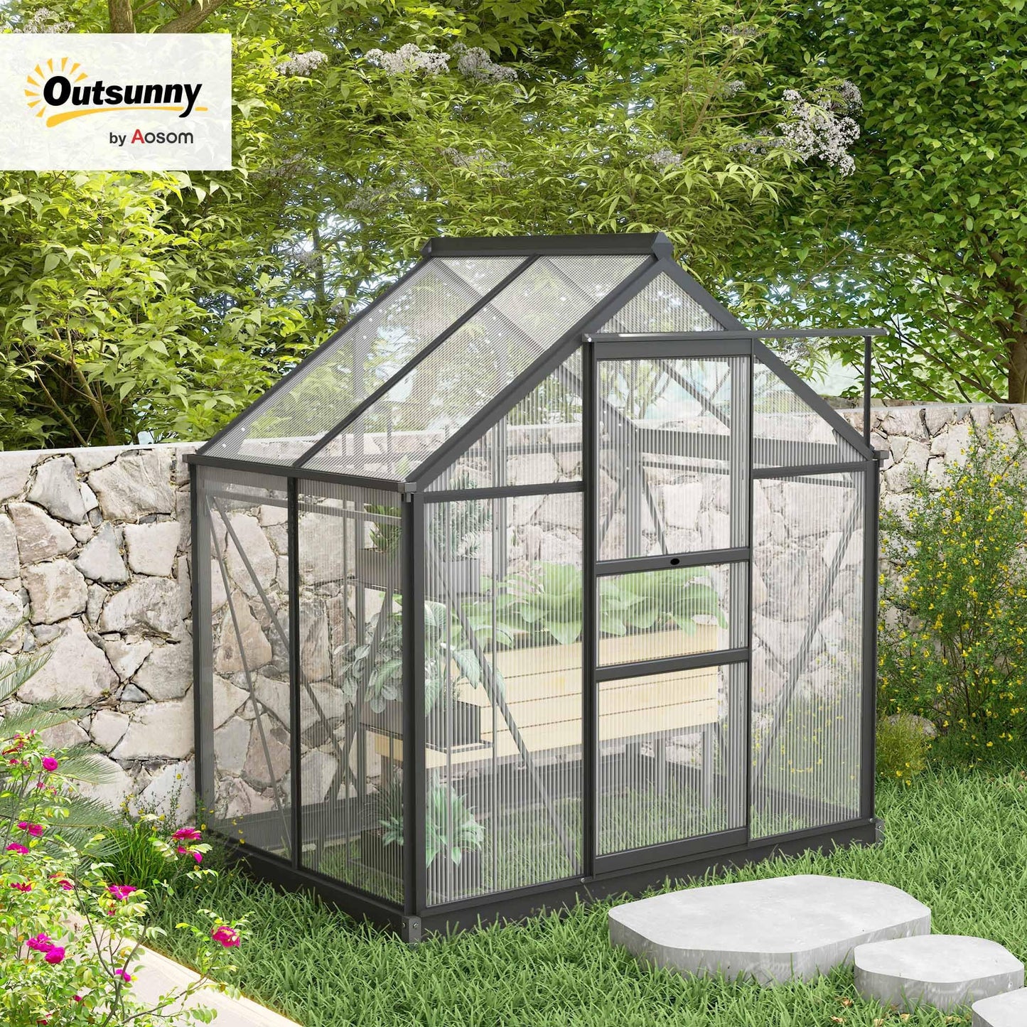 Outsunny 6 x 4ft Polycarbonate Greenhouse, Large Walk-In Green House with Slide Door and Window, Garden Plants Grow House with Aluminium Frame and Foundation, Grey