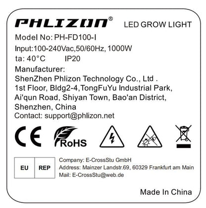 Phlizon FD9600 1000W Plant Led Grow Light for Indoor Plants Daisy Chain Dimmable Grow Light with LM281B & Brand Driver Grow for 120 * 120cm to 180x180cm Coverage Full Spectrum Growing Lamps (FD9600)