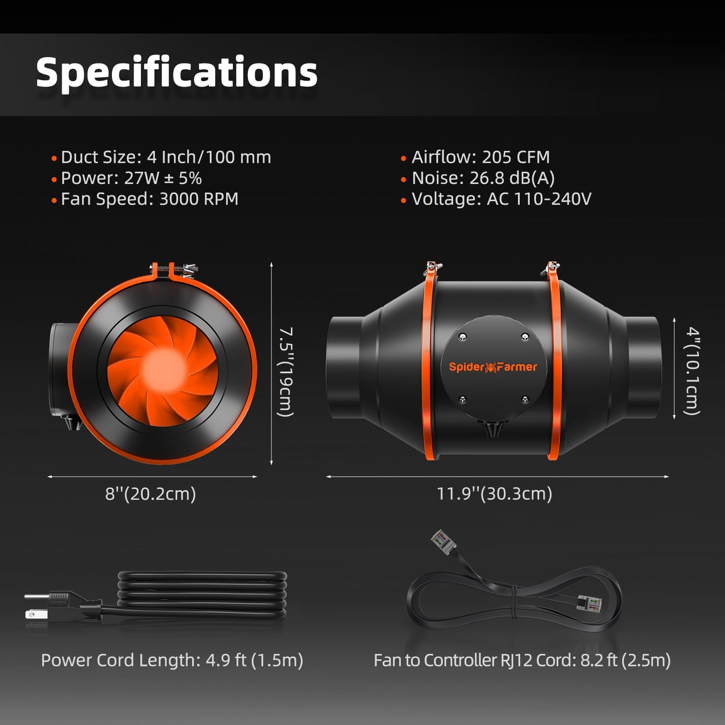 Spider Farmer Air Filtration Kit 4 Inch, Inline Duct Fan with RJ12 Speed Humidity Controller, Carbon Filter Combo, 25 Ft Ducting, Ventilation System Kit for Grow Tents, Hydroponics, Indoor Gardening