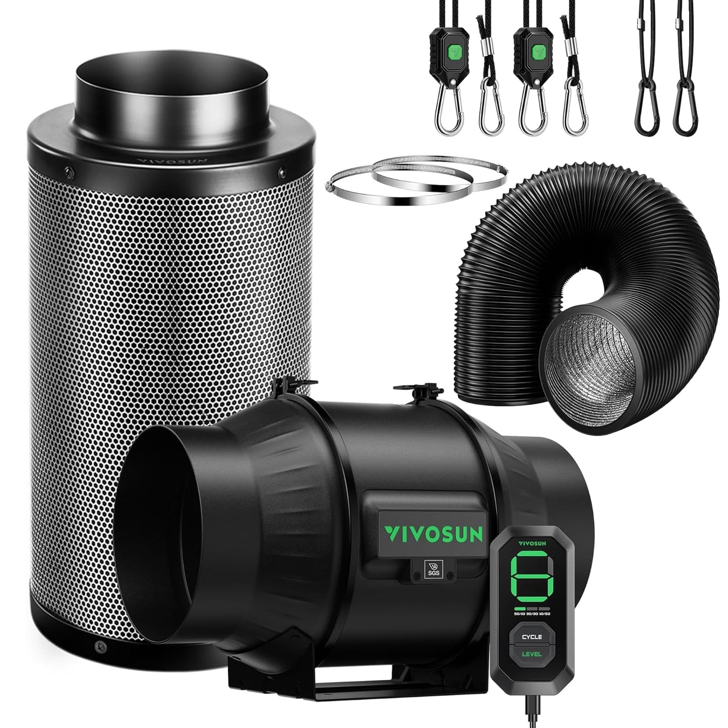 VIVOSUN Duct Fan 150 mm Extractor Fan 693 m³/h with E12 Speed Control Carbon Filter & 240 cm Air Duct AeroZesh T6 Exhaust Set Cooling and Ventilation System for Grow Tent