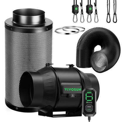 VIVOSUN Duct Fan 150 mm Extractor Fan 693 m³/h with E12 Speed Control Carbon Filter & 240 cm Air Duct AeroZesh T6 Exhaust Set Cooling and Ventilation System for Grow Tent