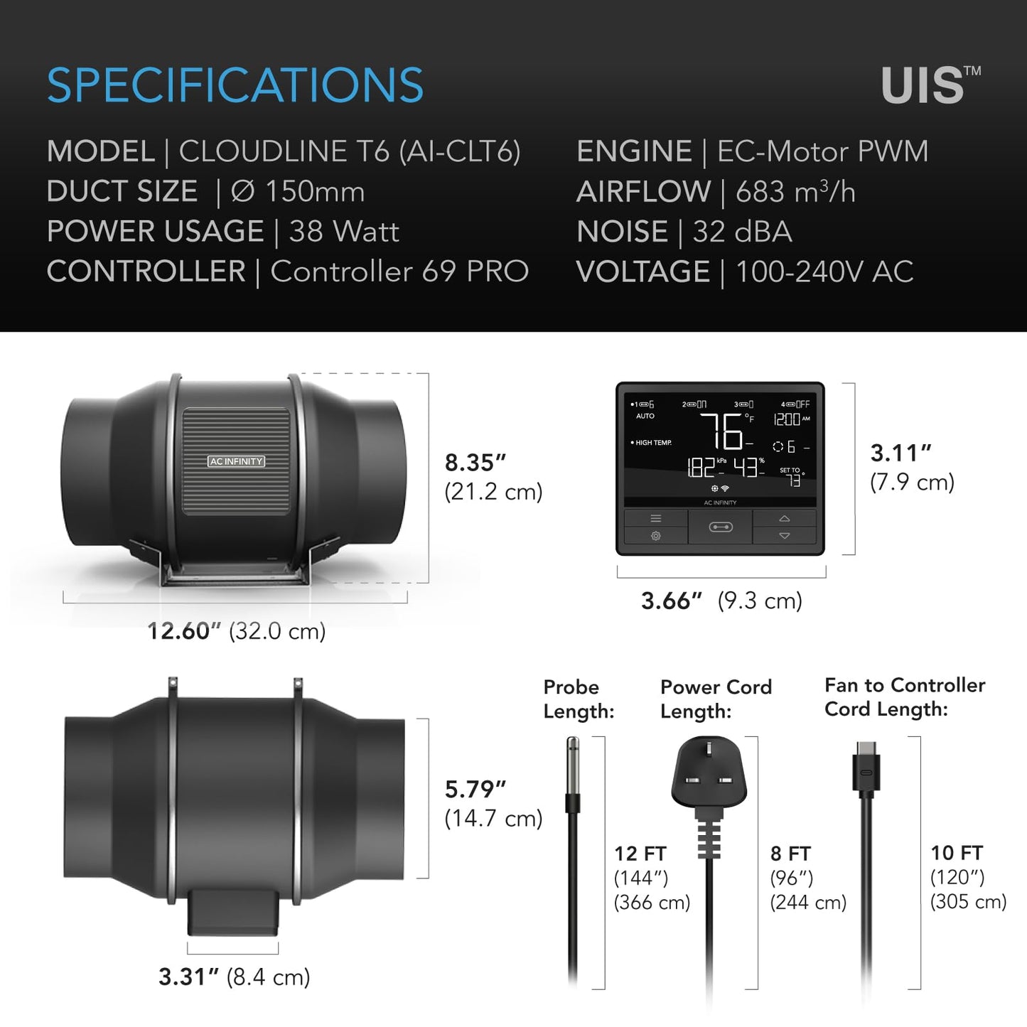 AC Infinity CLOUDLINE PRO T6, Quiet 150mm Inline Duct Fan with Temperature Humidity VPD Controller WiFi Integrated App Control Ventilation Exhaust Fan for Heating Cooling Grow Tents Hydroponics 6-Inch