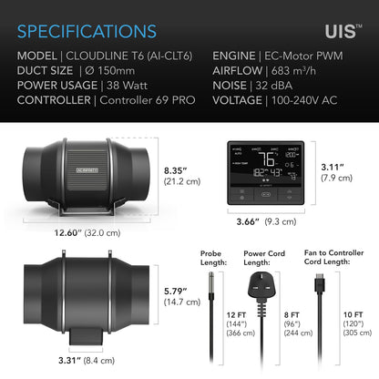 AC Infinity CLOUDLINE PRO T6, Quiet 150mm Inline Duct Fan with Temperature Humidity VPD Controller WiFi Integrated App Control Ventilation Exhaust Fan for Heating Cooling Grow Tents Hydroponics 6-Inch