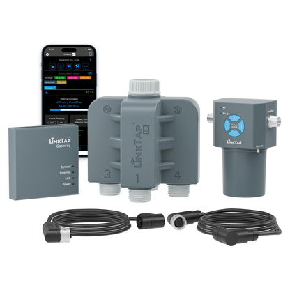 LinkTap Q1 4-Zone Smart Hose Timer & Gateway, Equals 4 G2S or 2 D1 Water Timers, 4 Built-in Flow Meters, Multiple Power Options, Easy Install & Use, Scalable Mesh Network via Extender, 2-Year Warranty