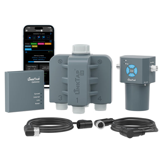 LinkTap Q1 4-Zone Smart Hose Timer & Gateway, Equals 4 G2S or 2 D1 Water Timers, 4 Built-in Flow Meters, Multiple Power Options, Easy Install & Use, Scalable Mesh Network via Extender, 2-Year Warranty