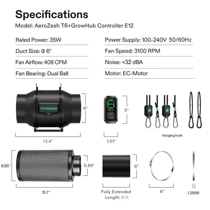 VIVOSUN Duct Fan 150 mm Extractor Fan 693 m³/h with E12 Speed Control Carbon Filter & 240 cm Air Duct AeroZesh T6 Exhaust Set Cooling and Ventilation System for Grow Tent