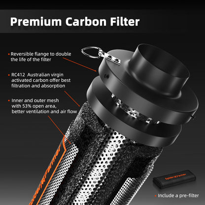 Spider Farmer Air Filtration Kit 4 Inch, Inline Duct Fan with RJ12 Speed Humidity Controller, Carbon Filter Combo, 25 Ft Ducting, Ventilation System Kit for Grow Tents, Hydroponics, Indoor Gardening