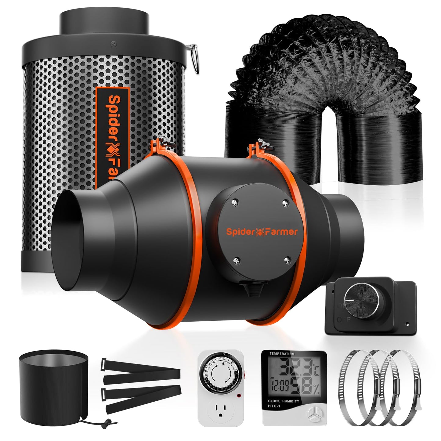 Spider Farmer Air Filtration Kit 4 Inch, Inline Duct Fan with RJ12 Speed Humidity Controller, Carbon Filter Combo, 25 Ft Ducting, Ventilation System Kit for Grow Tents, Hydroponics, Indoor Gardening