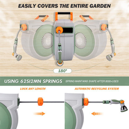 Retractable Garden Hose Reel 38m+2m, Wall Mounted Hose Reel,Heavy Duty Hose Pipe Reel with 10 Pattern Hose Nozzle, Auto Lock and Auto Rewind, Lock at Any Length,180°Swivel Bracket