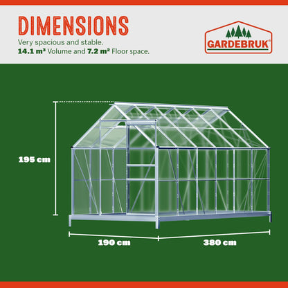 Gardebruk® 6 x 12ft 'Sunlight' Polycarbonate Greenhouse With Foundation | Large Walk Green House with Slide Door and 4 Windows | Garden Plants Grow Nursery with Aluminium Frame Galvanised Base