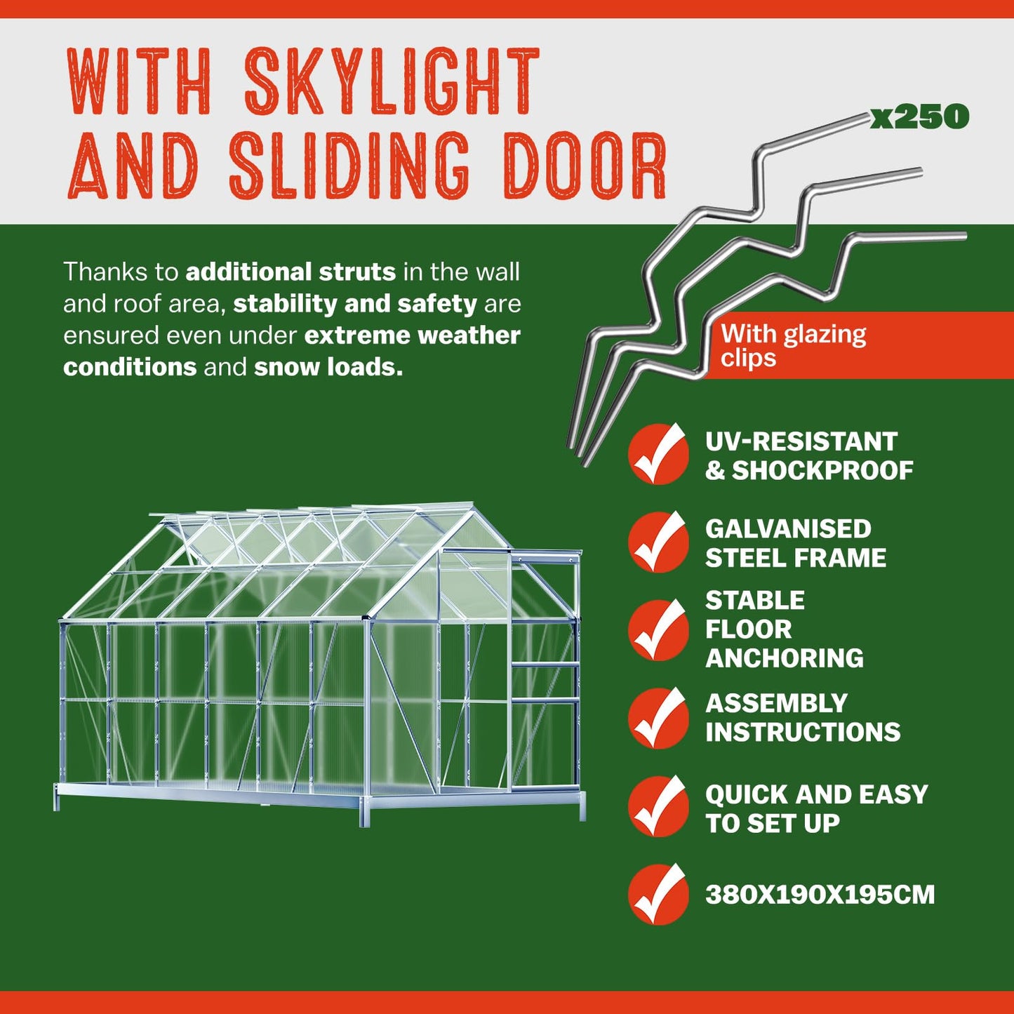 Gardebruk® 6 x 12ft 'Sunlight' Polycarbonate Greenhouse With Foundation | Large Walk Green House with Slide Door and 4 Windows | Garden Plants Grow Nursery with Aluminium Frame Galvanised Base