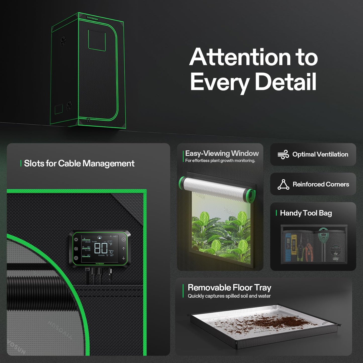 VIVOSUN Grow Tent 36'' x 36'' x 72'', Made of Highly Reflective Mylar, with Viewing Window and Base Tray for Hydroponics and Indoor Growing, S336, Suitable for VS2000/VS3000