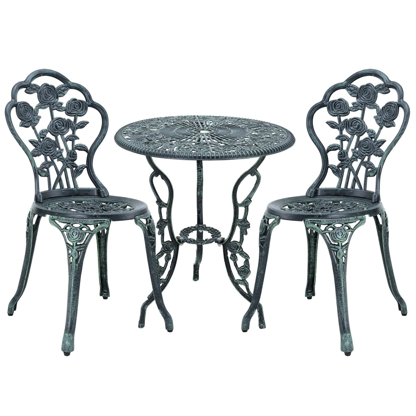 Rose Design Garden Bistro Set 1 Table 2 Chairs Cast Iron Green