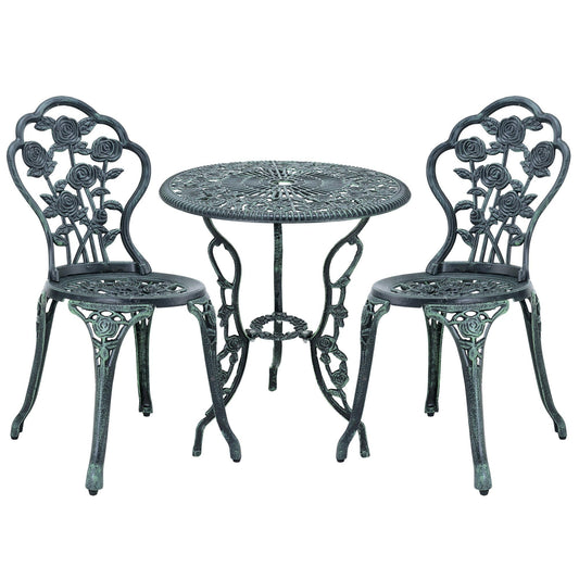 Rose Design Garden Bistro Set 1 Table 2 Chairs Cast Iron Green