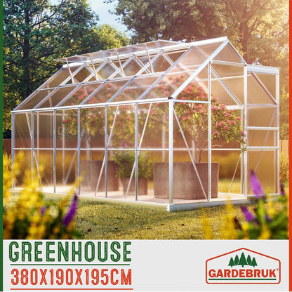 Gardebruk® 6 x 12ft 'Sunlight' Polycarbonate Greenhouse With Foundation | Large Walk Green House with Slide Door and 4 Windows | Garden Plants Grow Nursery with Aluminium Frame Galvanised Base