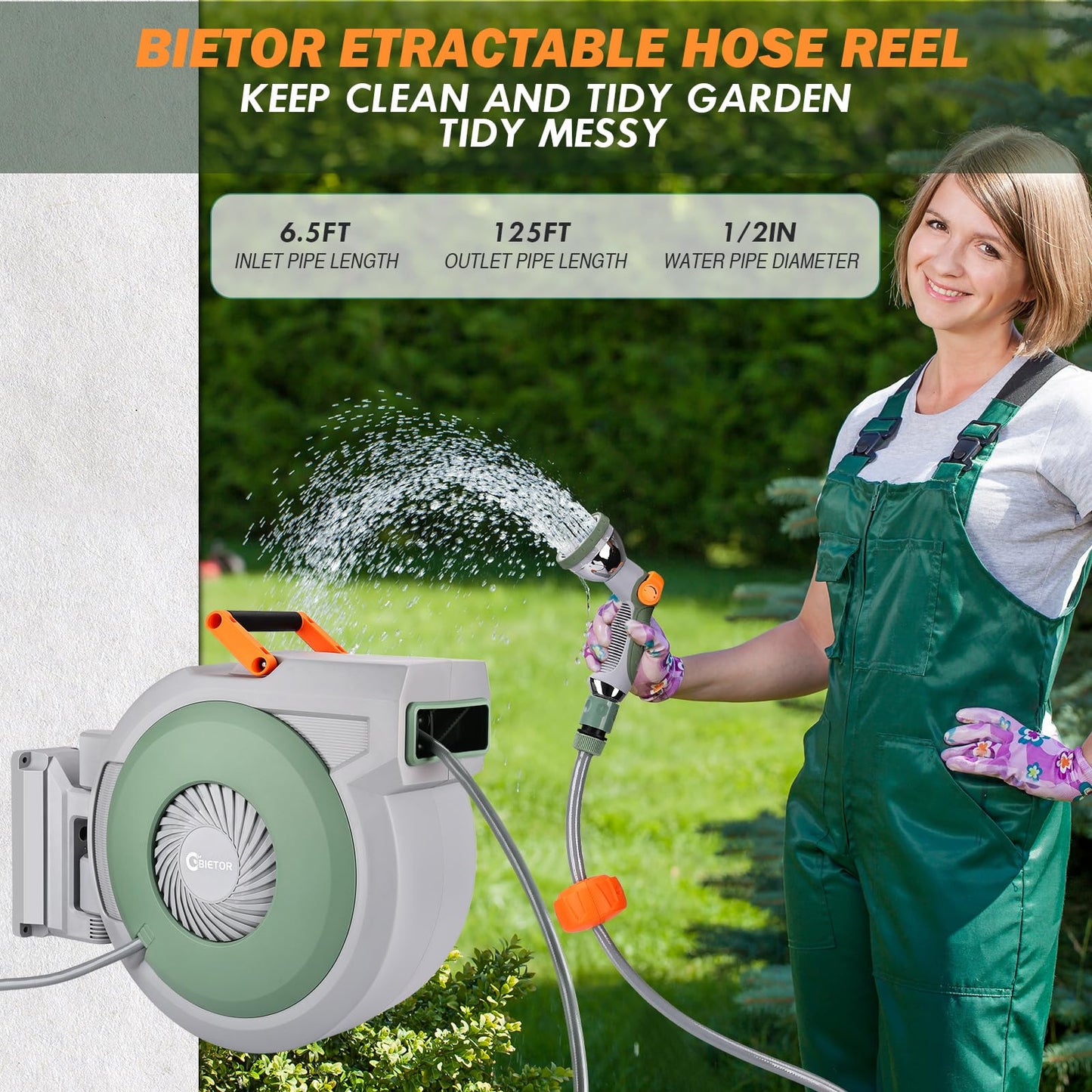 Retractable Garden Hose Reel 38m+2m, Wall Mounted Hose Reel,Heavy Duty Hose Pipe Reel with 10 Pattern Hose Nozzle, Auto Lock and Auto Rewind, Lock at Any Length,180°Swivel Bracket