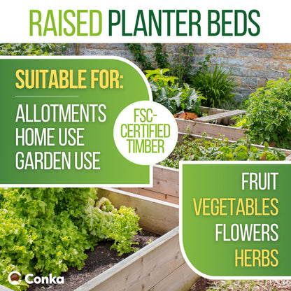 Conka Garden - Wooden Raised Bed Kit - Large Garden Planters for Vegetables, Herbs, Flowers – Start Growing Plants Earlier & Better - Durable & Resistant FSC Treated Timber 90cm L x 180cm W x 60cm H